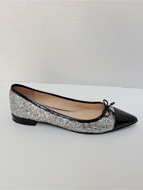 Prada Glitter Ballet Flats Pointed Toe Bow Patent Leather Silver Black Size 38.5